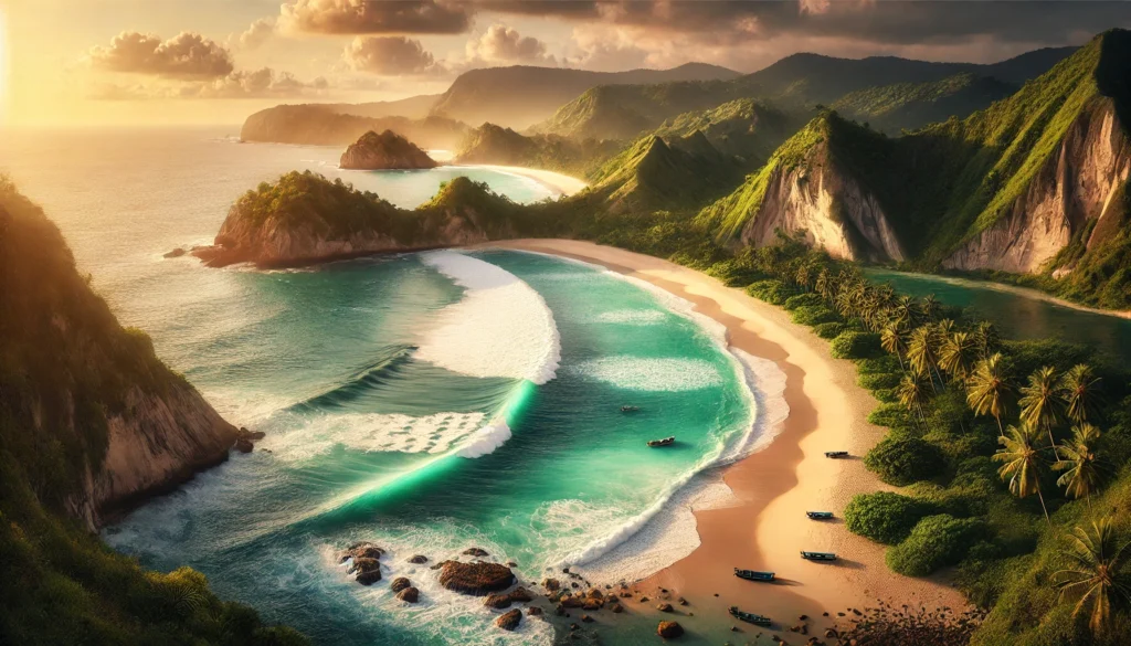 DALL·E-2025-03-20-10.54.32-A-breathtaking-landscape-of-a-tropical-beach-in-Tulungagung-East-Java-featuring-soft-white-sand-clear-turquoise-waters-and-rocky-cliffs.-The-scene